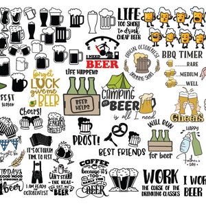 May include: A collection of black and white illustrations featuring beer-related designs, including mugs, glasses, and text phrases like "Life Happens, Give Me Beer", "Camping and Beer", and "Best Friends for Beer".