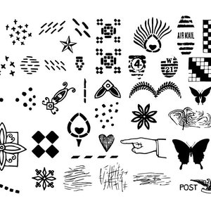 May include: Black and white nail art stamping plate with a variety of designs, including geometric patterns, flowers, butterflies, and text that says "AIR MAIL" and "POST CARD".