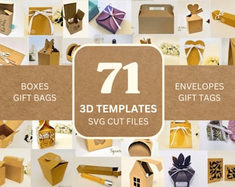 May include: A collage of 71 brown paper 3D templates for boxes, gift bags, envelopes, and gift tags. The templates are designed for use with a cutting machine and are perfect for crafting and gift-giving.