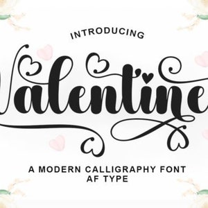 May include: Introducing Valentines, a modern calligraphy font in black text with pink hearts on a white background.