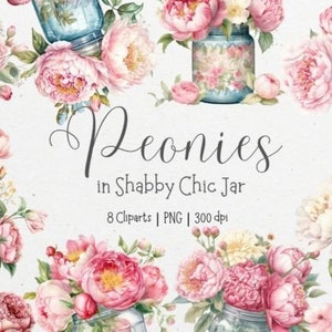 Peonies Clipart, 8 High Quality PNGs, Peonies in Shabby Chic Jar, Junk Journaling, Digital Planner, Wall Art,Digital Paper Craft, Watercolor