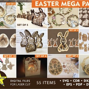 Fichier svg Pâques découpé au laser Mega Pack CNC, svg de lapin de Pâques, oeuf de Pâques SVG, ornements de Pâques SVG, fichier cnc vectoriel, lapin en bois découpé au Laser