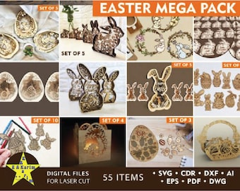 May include: A digital download of 55 laser cut Easter themed designs. The designs include bunnies, eggs, wreaths, baskets, and other Easter symbols. The designs are perfect for creating decorations, crafts, and gifts.