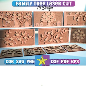 3D stamboom laser gesneden bundel, vrijstaande bomen, boom met harten SVG, houten huisdecor, stamboom, wensboom laser gesneden.