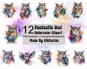 WATERCOLOR OWL 12pc PNG Bundle | Watercolor Owl Png | Owl Art | Owl Commercial Use | Cute Owls | Owl Junk Journal Art | Printable Owl