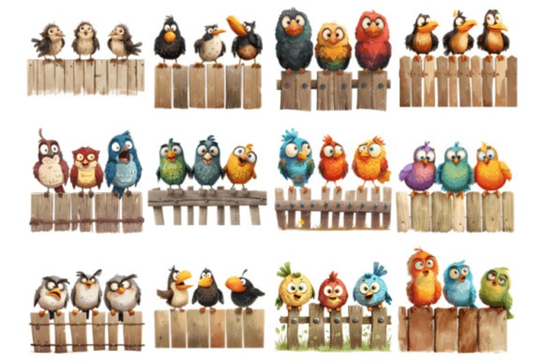 FUNNY BIRDS In Wooden Fence Clipart Bundle, Funny Cute Bird Png Bundle, Watercolor Birds Clipart Png, Funny Birds Sublimation Png. image 4