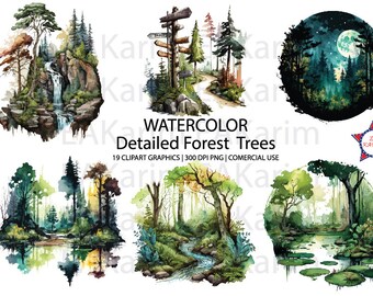Watercolor Forest clipart, Wood Clip Art, PNG, Free commercial use, Summer misty forest landscape, Trees Greenery Foggy Backgrounds