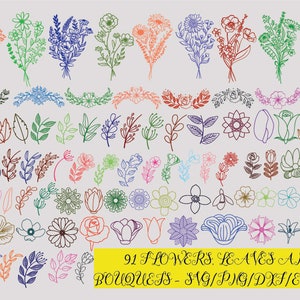 91 FLORES, HOJAS y RAMO Svg, Png, Eps, Jpg / 91 Diseños svg florales dibujados a mano / flores svg / plantas svg / hojas svg / Floral svg.