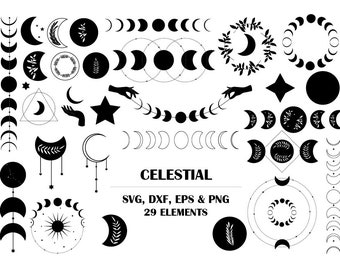 May include: A set of 29 celestial-themed vector graphics, including moons, stars, and floral elements. The graphics are in black and white and are perfect for use in digital projects or for printing.