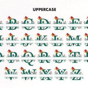 May include: A set of uppercase letters A through Z with a split monogram design. Each letter is decorated with a red Santa hat, a green evergreen tree, and red berries. The letters are in a green font with a white outline.