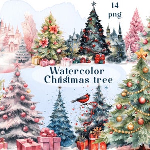 Christmas Trees Watercolor Clipart Bundle - 14 PNG Festive Tree Images, Xmas Holiday Decor Graphics,Instant Digital Download,Commercial Use