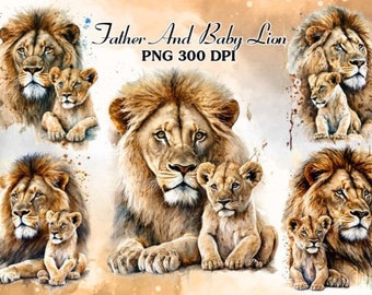 Lion père et bébé Clipart | Aquarelle Lion PNG | Bundle de Clipart animaux Safari | Journal indésirable | Art mural de pépinière | Planificateur numérique |