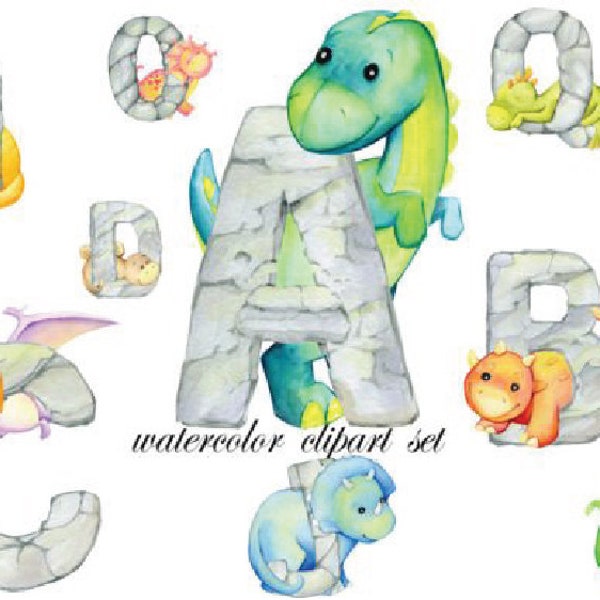 Cute Dino Alphabet ClipArt Bundle Transparent PNG, Bundle ClipArt, Printable Dinosaur Art, Dinosaur Font, Watercolor, Commercial Use