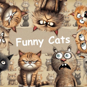 Grappige katten aquarel clipart | Digitale download | Kattenliefhebber cadeau | Afdrukbare muurkunst | Direct downloaden | PNG-bestanden