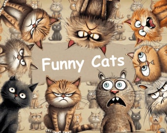 Funny Cats Watercolor Clipart | Digital Download | Cat Lover Gift | Printable Wall Art | Instant Download | PNG Files