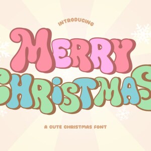 May include: A colourful, retro-style font design that says "Merry Christmas" with a light pink, light blue, and light green colour scheme. The text is set against a light yellow background with a sunburst pattern. The text "A cute Christmas font" is also included in the image.