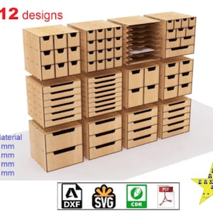 May include: Twelve wooden storage units with different drawer and compartment configurations are displayed. The text "12 designs" is in red. The image also includes text indicating material thickness: 3 mm, 4 mm, 5 mm, and 6 mm.