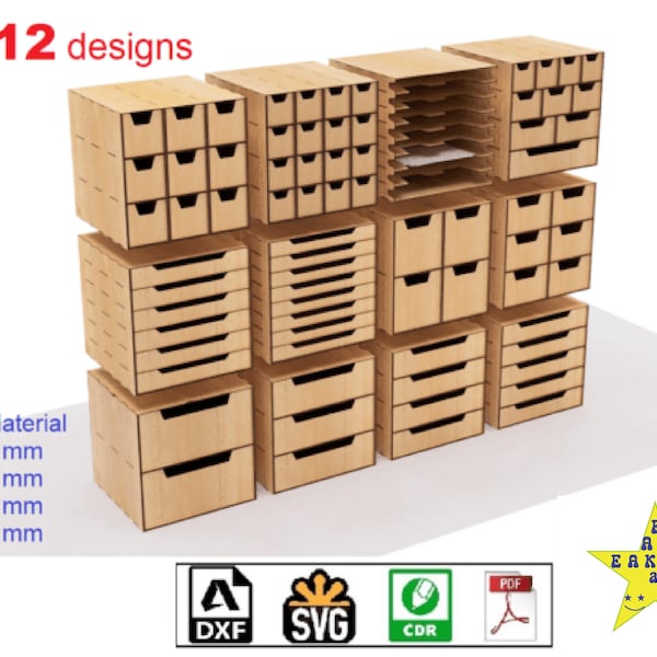 Laser Cut 12 Box Drawer Bundle: Stackable Storage Organizer Designs,DIY Modular Storage System Digital Plans for Laser Cutters