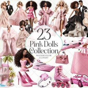 Pink fashion doll graphics, Doll clipart bundle, Girl doll png designs, Transparent Background, Commercial Use, Set of 10