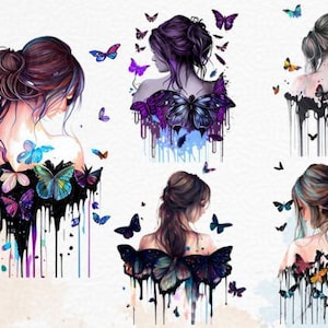 Aquarel meisje en vlinders Clipart bundel PNG SVG Clipart meisje portret aquarel meisje mooie vrouw sublimatie digitale download