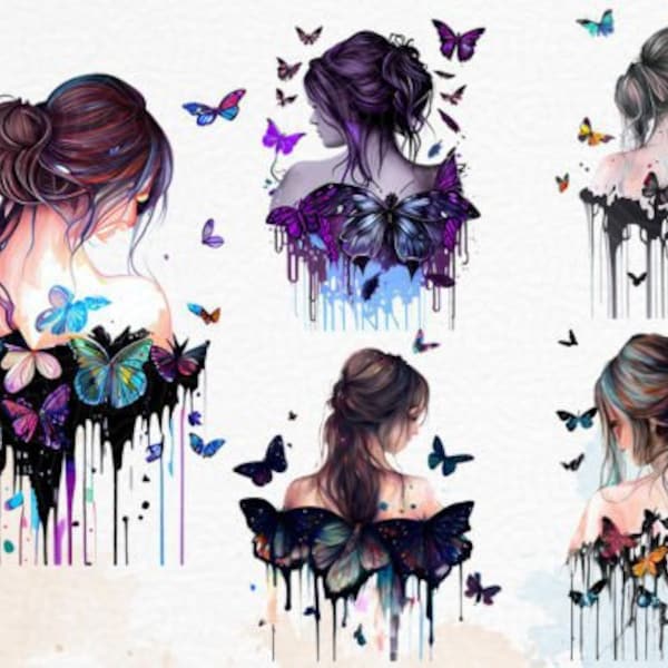 Watercolor girl and butterflies Clipart Bundle PNG SVG Clipart Girl Portrait Watercolor Girl Beautiful Woman Sublimation Digital Download