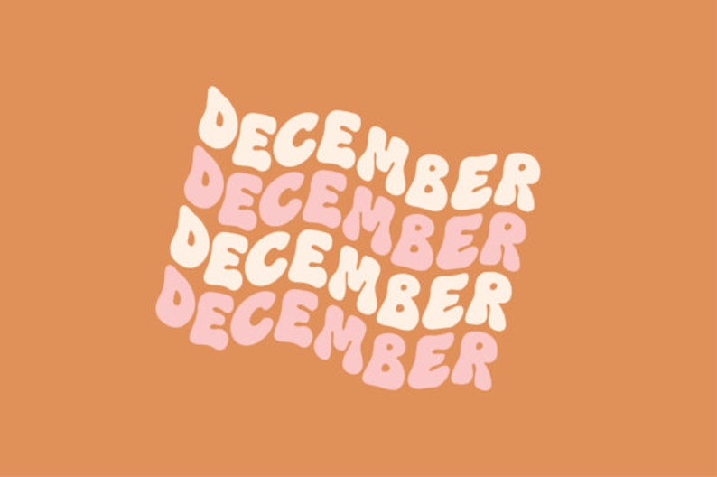 Puede incluir: Un dise&ntilde;o gr&aacute;fico con la palabra "Diciembre" repetida cinco veces en un patr&oacute;n ondulado. El texto est&aacute; en un esquema de color blanco y rosa sobre un fondo naranja claro.