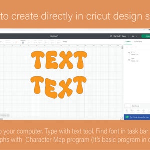 Puede incluir: Una captura de pantalla del software Cricut Design Space que muestra la palabra "TEXT" dos veces en una fuente redondeada naranja. El texto est&aacute; sobre un fondo de cuadr&iacute;cula blanca.
