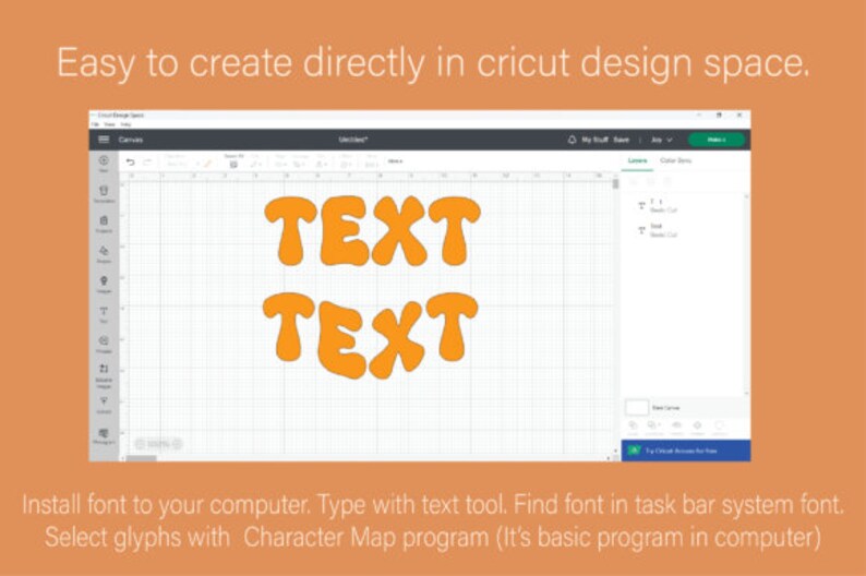 Puede incluir: Una captura de pantalla del software Cricut Design Space que muestra la palabra "TEXT" dos veces en una fuente redondeada naranja. El texto est&aacute; sobre un fondo de cuadr&iacute;cula blanca.