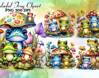 Cute Watercolor Frogs - Digital Design Mega Bundle, Printable Art Prints Commercial Use Download Illustration Clip Art PNG Graphics Crafts
