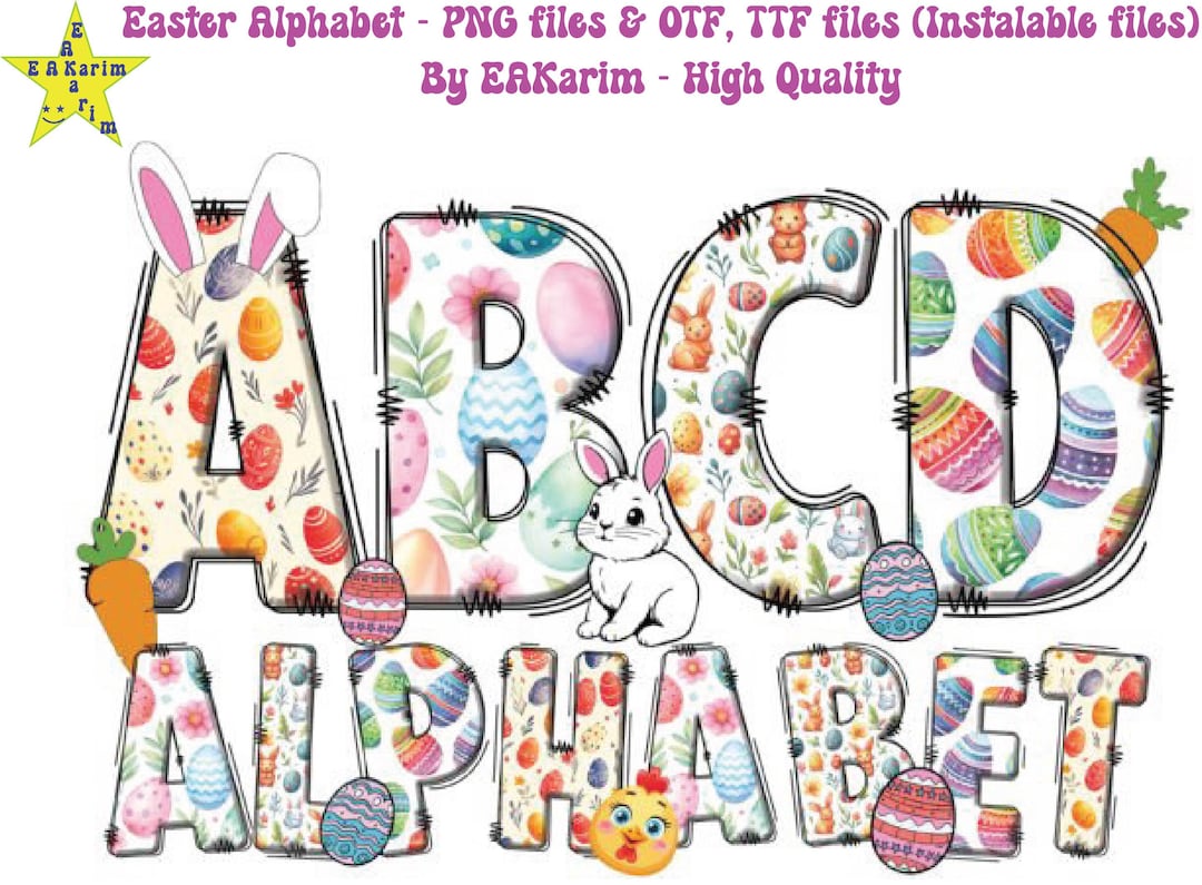 Easter Alphabet Doodle Letters PNG Bundle, Easter Bunny Alphabet, Alpha ...