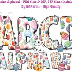 May include: Easter alphabet clipart featuring letters A, B, C, and D decorated with colorful Easter eggs, flowers, and bunnies. The letters are outlined in black and have a white background. The word "ALPHARET" is written below the letters.