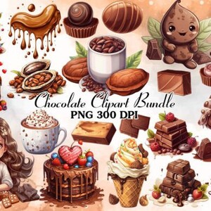 K&ouml;nnte beinhalten: Ein digitales Clipart-Paket mit Schokoladenmotiven. Das Paket enth&auml;lt Bilder von Schokoladenkuchen, Schokoladentafeln, Schokoladenfeen, Schokoladenbechern und Kakaobohnen. Die Bilder sind im PNG-Format und haben eine Aufl&ouml;sung von 300 DPI.