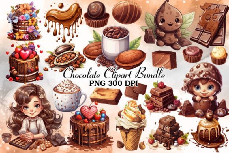 K&ouml;nnte beinhalten: Ein digitales Clipart-Paket mit Schokoladenmotiven. Das Paket enth&auml;lt Bilder von Schokoladenkuchen, Schokoladentafeln, Schokoladenfeen, Schokoladenbechern und Kakaobohnen. Die Bilder sind im PNG-Format und haben eine Aufl&ouml;sung von 300 DPI.