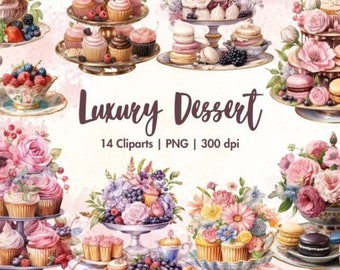 Luxury Dessert Watercolor, Clipart, Dessert Clipart PNG, Digital Clipart, Pastel Dessert Clipart, Dessert Clipart Bundle, Commercial Use