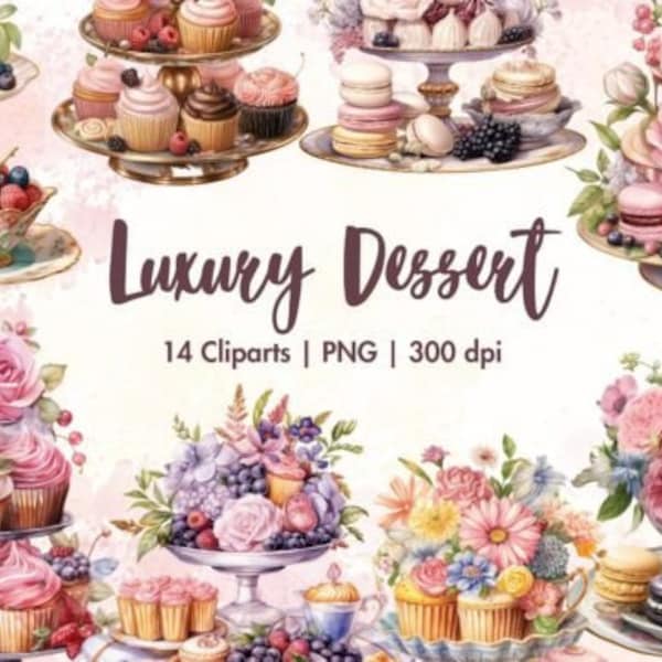 Luxury Dessert Watercolor, Clipart, Dessert Clipart PNG, Digital Clipart, Pastel Dessert Clipart, Dessert Clipart Bundle, Commercial Use