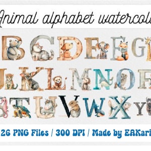 Pacote de clipart de alfabeto de animal fofo PNG transparente, clipart de pacote, arte de animal imprimível, clipart de berçário, uso comercial, download instantâneo