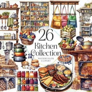Cozinha PNG clipart | Fundo Transparente | Sublimação - Download instantâneo | POD para uso comercial | Pacote de clipart de culinária rústica em aquarela