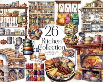 Kitchen PNG Clipart | Transparent Background | Sublimation -Instant Download | Commercial Use POD | Watercolor Rustic Cooking Clipart bundle