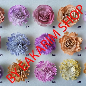 May include: Sixty paper flowers in various colors and styles, including pink, purple, yellow, and orange. The flowers are arranged in rows on a white background. The image includes the text "BYFAKARIM SHOP".