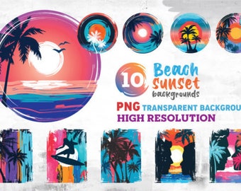 Watercolor Beach Sunset CLIPART - Beach Palm trees clip art PNG, Beach PNG, Sunset Png format, Instant download for commercial use!