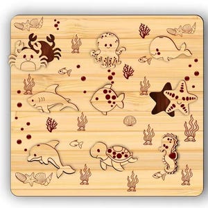 Edukacyjne dla dzieci puzzle z stworzeniami morskimi, pliki cięte laserowo, pliki svg, puzzle dla dzieci Glowforge montessori, plan cięcia dxf, wektor cnc, laser, natychmiastowe pobieranie