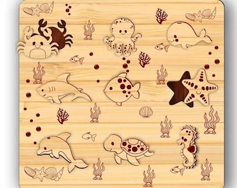 Educational kids sea creatures puzzle laser cut files svg Glowforge kids montessori puzzle dxf cut plan cnc vector laser Instant Download