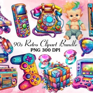 90s Retro Elements, 90s Retro Clipart, Watercolor Retro, Digital Art, Watercolor Clipart, Digital Stickers, Digital Paper, Instant download