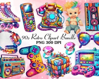 May include: A colorful 90s retro clipart bundle featuring roller skates, a cell phone, a rotary phone, a baby, a cassette tape, sunglasses, headphones, a boombox, a game controller, a Rubik's cube, a ring, a TV, and a game controller. The text reads "90s Retro Clipart Bundle PNG 300 DPI."