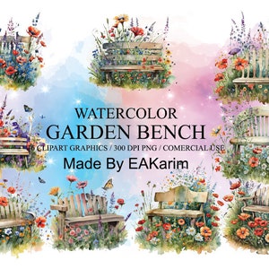 WATERCOLO GARDEN BENCH, 16 High Quality - Digital Download - Great For Card Making, Mixed Media, Digital Paper Craft and More