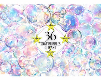 May include: A digital clipart set of 36 iridescent soap bubbles. The bubbles are various sizes and are arranged in a random pattern. The text "36 SOAP BUBBLES CLIPART" is in the center of the image.