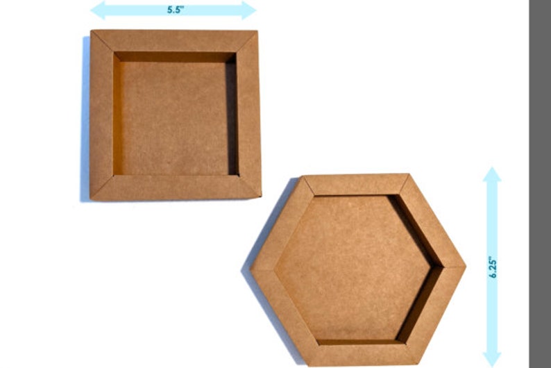 May include: Two cardboard frames, one square and one hexagonal, both with a brown finish. The square frame measures 5.5 inches wide and the hexagonal frame measures 6.25 inches wide.