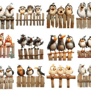 FUNNY BIRDS In Wooden Fence Clipart Bundle, Funny Cute Bird Png Bundle, Watercolor Birds Clipart Png, Funny Birds Sublimation Png. image 2
