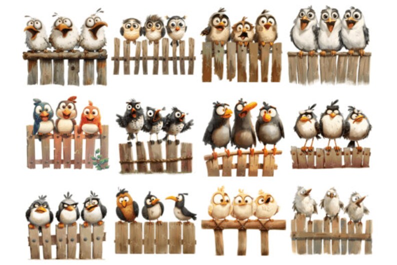 FUNNY BIRDS In Wooden Fence Clipart Bundle, Funny Cute Bird Png Bundle, Watercolor Birds Clipart Png, Funny Birds Sublimation Png. image 2