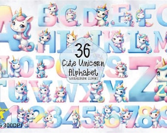 Unicorn Alphabet Clipart, Nursery Decor (PNG)